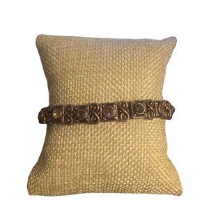 Vintage Bronze Tone Stretch Bracelet Embellished Amber Color Rhinestones Estate